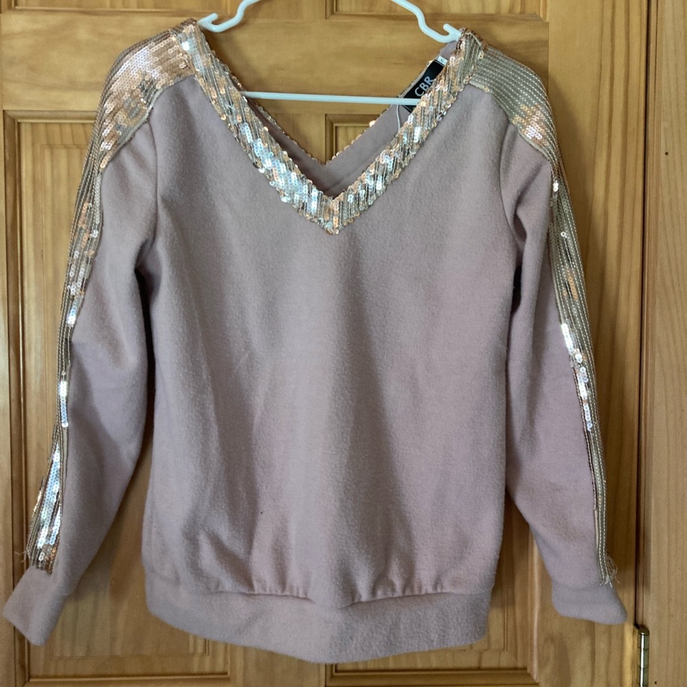 CBR Size S Long Sleeve Tan/Brown Double V Neck Sweater with Gold Sequins